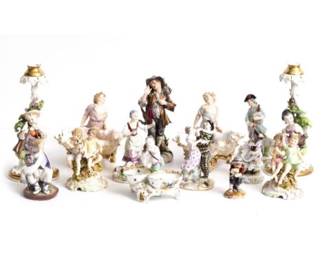 NINE CONTINENTAL PORCELAIN FIGURINES together with a pair of Capodimonte porcelain figural candlesticks and a pair of porcela