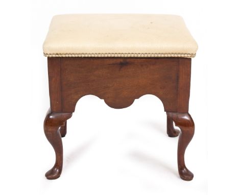 A GEORGE III MAHOGANY STOOL with later hinged upholstered top, for use as a dressing table stool, 50cm wide x 41cm deep x 52c