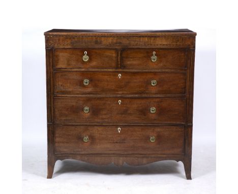 A 19TH CENTURY MAHOGANY CHEST OF TWO SHORT AND THREE LONG DRAWERS with brass ring handles and splayed bracket feet, 115cm wid
