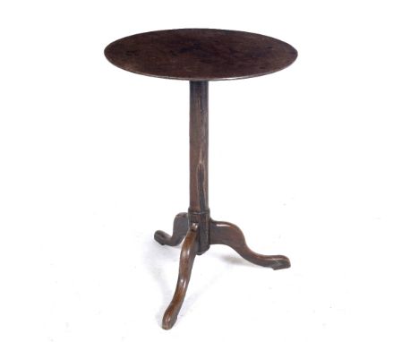 AN ANTIQUE CIRCULAR TRIPOD TABLE with plain column support and carved legs, 48.5cm diameter x 67cm high Condition: marks and 