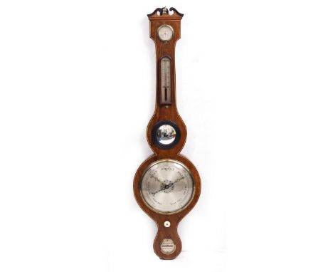 A 19TH CENTURY MAHOGANY WHEEL BAROMETER signed 'L Monastere of Darlington', with silvered dial thermometer, hydrometer and le