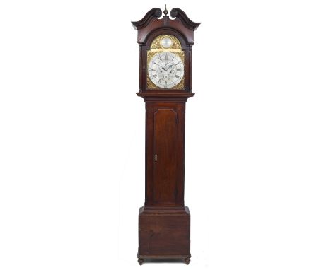 A 19TH CENTURY MAHOGANY LONG CASE CLOCK with swan neck pediment, outset fluted pilaster columns to the hood, the plain trunk 