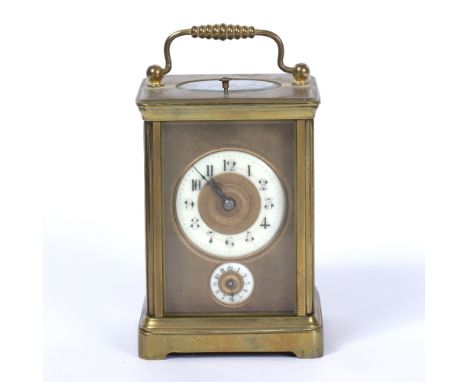 A LATE 19TH CENTURY CARRIAGE TIMEPIECE with an enamel dial, subsidiary dial, striking on a bell with a repeat mechanism, 8cm 