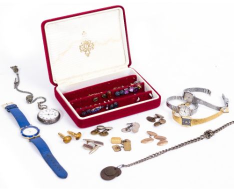 A MIXED LOT OF WATCHES AND JEWELLERY to include a Kendal &amp; Dent silver cased ladies pocket watch, a Christian Dior wrist 