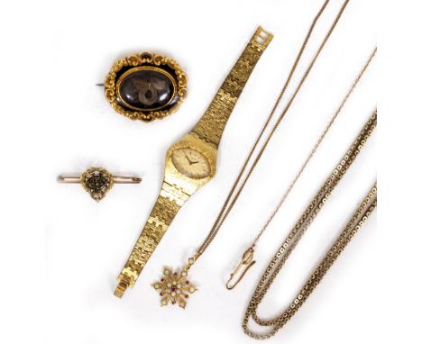 A YELLOW METAL STAR PENDANT set with opals, together with a pin brooch with monogram and coronet, a gilt oval mourning brooch