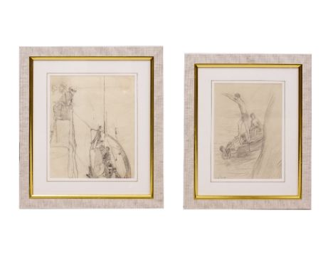 HENRY SCOTT TUKE (1859-1929) Boys diving from a rowboat, pencil sketch, 22cm x 15.5cm together with a further sketch of saili