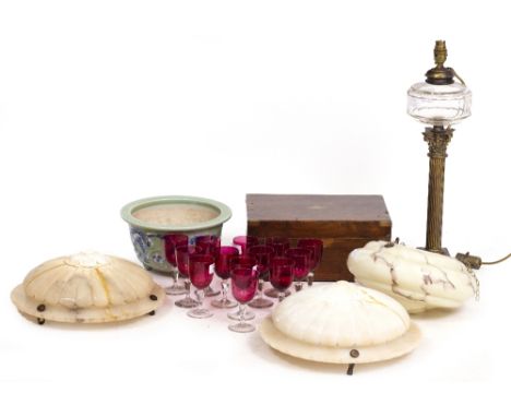 A COLLECTION OF THIRTEEN RUBY GLASS WINE GLASSES each approximately 13cm high together with a pair of alabaster light fitting