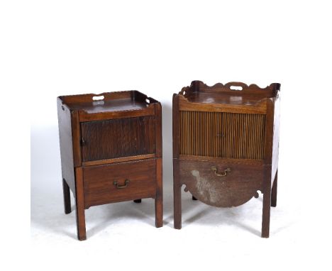 A GEORGE III MAHOGANY COMMODE with a shaped top, tambour sliding doors and a brass swan neck handle together with a further t