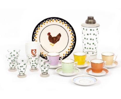 FIVE ROYAL COPENHAGEN PORCELAIN COFFEE CUPS AND SAUCERS, an early to mid 20th century cocktail shaker and four matching glass