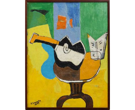 ROLF FRITZ SCHEUERLE (1938 Nürnberg) Öl auf Leinwand, ¨Expressionistisches Stillleben mit Gitarre¨ (1989), unten links signie