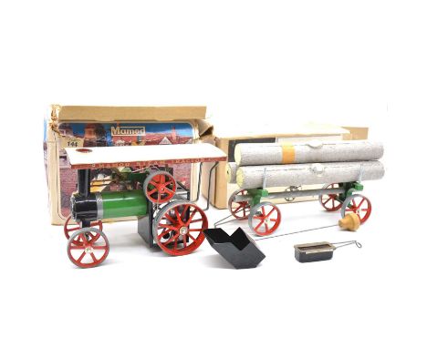 Mamod live steam showmans traction engine, ref TE1a, including scuttle, steering rod and burner, boxed; Mamod ref LW1 lumber 