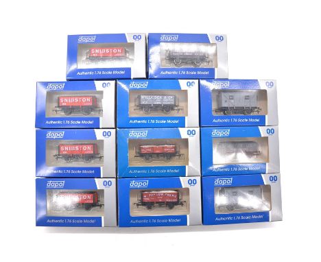 Dapol OO gauge model railway wagons, eleven including ref 4F-051-101 ICI Lime 5 plank, weathered; ref 4F-040-011 CWMBRAN bric