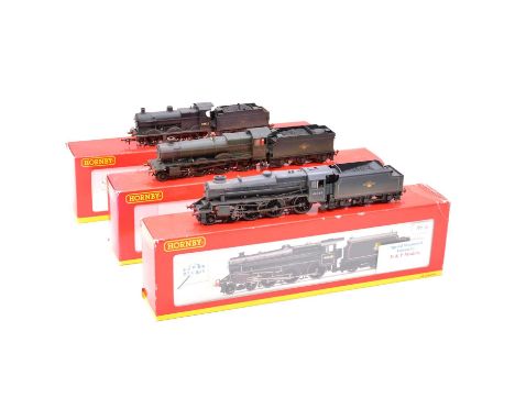 Hornby OO gauge model railway steam locomotives with tenders, three including R2322 BR 4-6-0, 44766; R3031 BR Fowler 0-6-0, 4