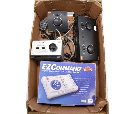 Bachmann, Hornby and Clipper model railway controllers, four including Bachmann ref 36500 E-Z command digital control centre,