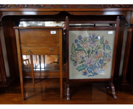 A Victorian mahogany work box and an Edwardian tapestry fire screen 