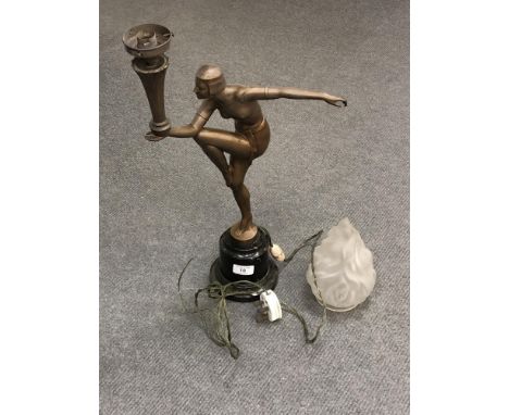 An Art Deco figural table lamp on marble base in the form of a dancer with torch (a/f) CONDITION REPORT: Poor condition. Arm 