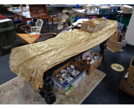 Seven gold classical printed curtains with tie-backs  CONDITION REPORT: These are single lined, good condition with some ligh