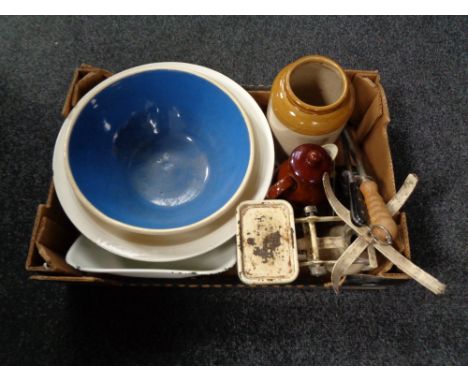A box of vintage kitchen scales, mixing bowls, storage jar, coffee pot etc 