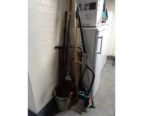Two galvanized buckets and large quantity of garden tools 