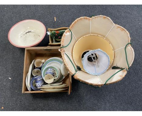 A box of wall plates, kitchen mixing bowl, china, pine trough and four lamp shades 