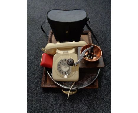 A wooden twin handled tray, telephone, coffee grinder, cased binoculars, travel clock etc 