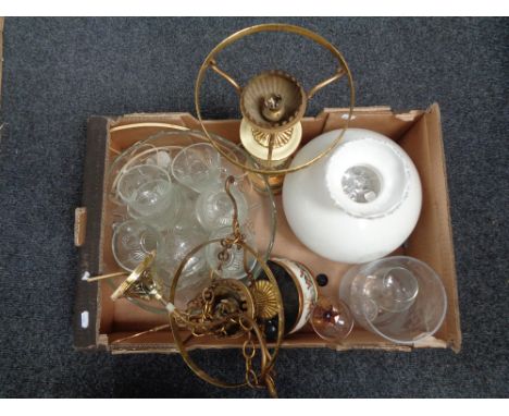 A box of glass punch bowl and glasses, hanging brass and ceramic light fitting with glass shade etc 