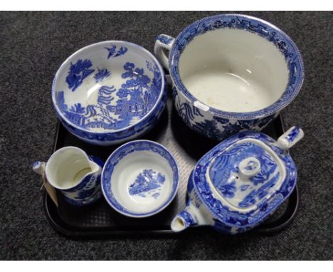 A tray of five pieces of Maling Willow pattern china, chamber pot, fruit bowl, milk jug and sugar basin