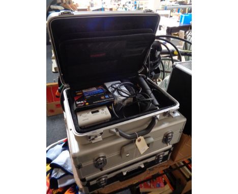Three aluminium cases containing hand tools, Wagner heat gun, Carbon monoxide alarm etc 