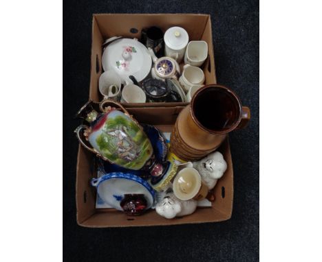 Two boxes of assorted china, West German vase, Staffordshire dogs, Sylvac vase and caddy etc 