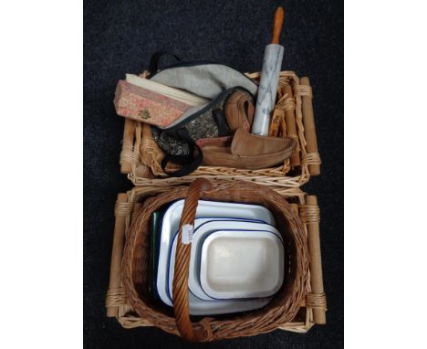 A quantity of wicker baskets, marble rolling pin, enamel dishes, contemporary table lamp with shade 