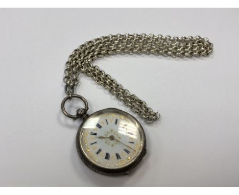 A continental silver fob watch with enamel dial, upon a fancy belcher link chain CONDITION REPORT: The chain is not silver. 