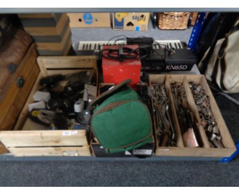 A quantity of tools, hardware, spanners, socket sets, torches etc, fan heater