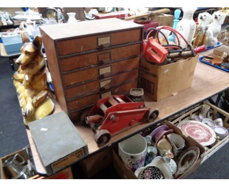 A box of hand tools, record wood working plane, trolley jack, 1930's desk top six drawer filing chest 