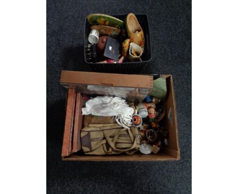 A box and basket of small display cabinet, vintage tin, canvas bag, wooden clogs etc 