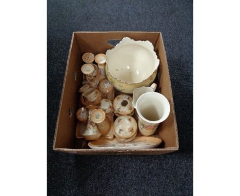 A box of Devon ware, china trinket sets, vases, planter etc 