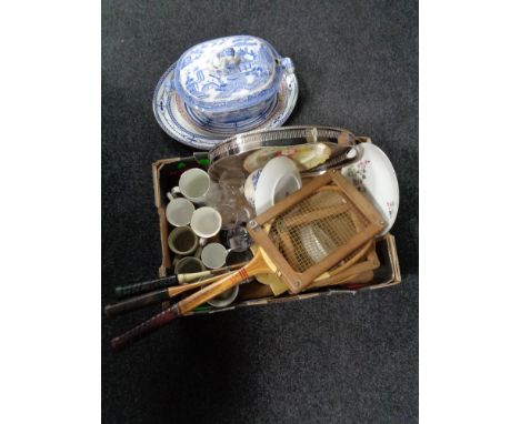 A box of glass ware, vintage tennis rackets, commemorative mugs, nineteenth century tureen, assorted meat plates etc 