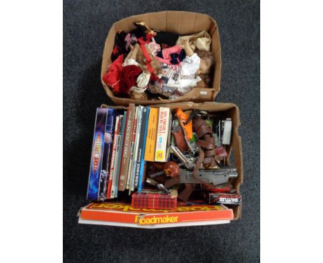 Two boxes of dolls, vintage annuals, toy guns, die-cast vehicles etc 