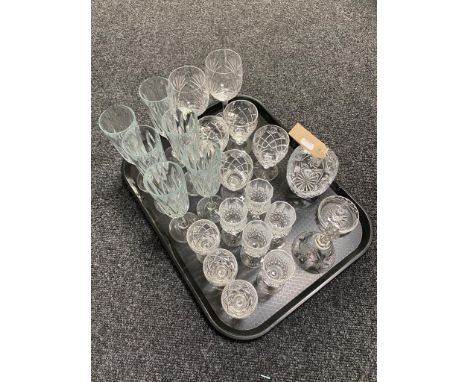 A tray of glass ware, crystal, hand bell, ring stand etc 