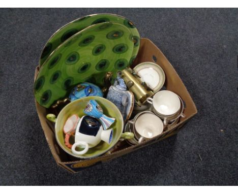 Two boxes of china, J Meakin tea china, vintage brass model of train, Haillay chargers and teapots etc 