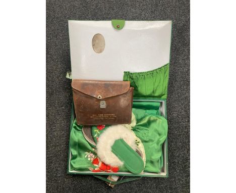A hand stitched green silk Japanese style gown and slippers in case together with a leather cased Freemasons sash 