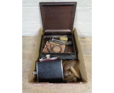 A box of Art Deco embossed tin, hip flask, sewing items, Toffee hammers, letter opener etc 