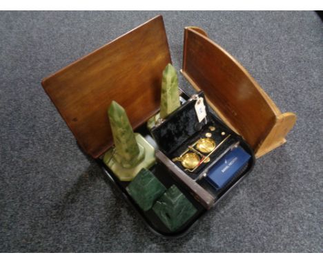 A tray of marble obelisks, Edwardian desk stand and music stand, opium scales etc 