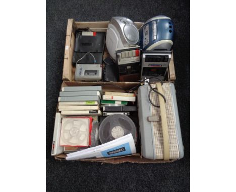 Two boxes of projector, reels, cd radios, Sanyo stereo cassette deck etc 