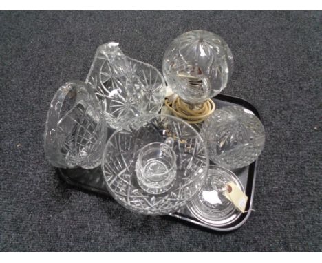 A tray of assorted glass ware, glass table lamp with shade (Af), further glass shade, fruit bowl, baskets etc 