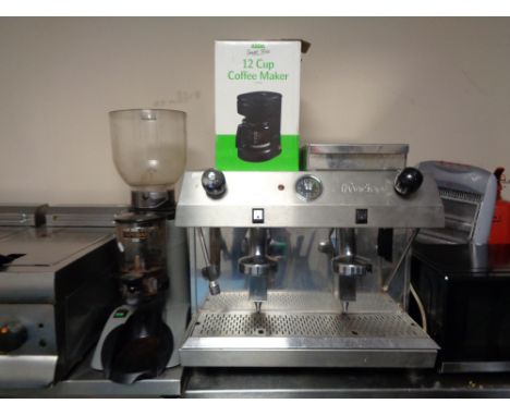 A Fracino stainless steel commercial two cup coffee maker with accessories and an Expobar coffee grinder 