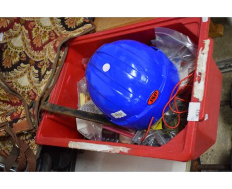 Mixed lot of shed clearance items to include screwdriver, computer components, hard hat etc