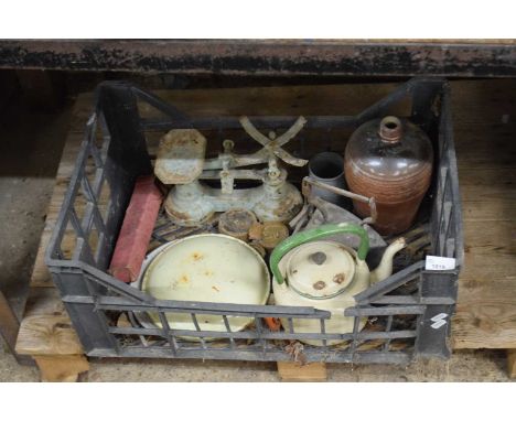 Box of various vintage bygones, scales, iron, enamel kettle etc