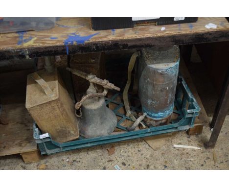Mixed lot of various bygones, Esso fuel cans plus two others, large bell and a vintage spray tank