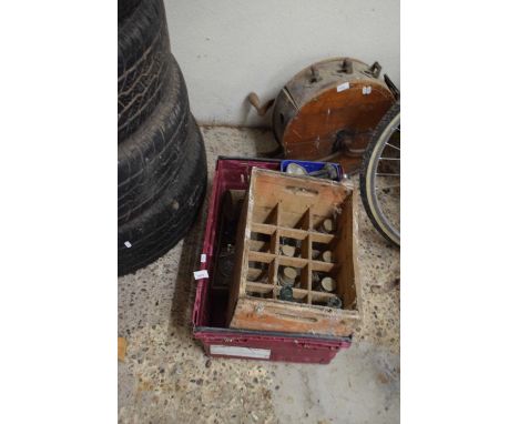 Vintage wooden bottle crate together with bottles and various other shed clearance items
