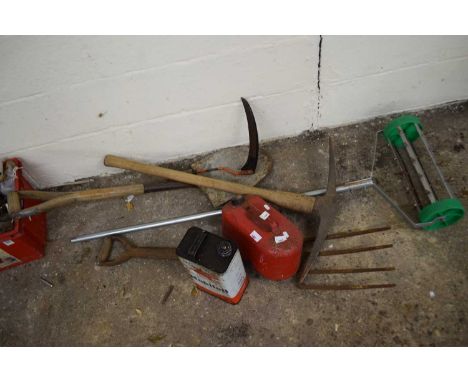 Mixed lot of garden hand tools, pick axe, shovel, fork etc